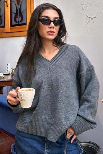 ELBA STİL Anthracite V-Neck Oversize Women's Knitwear Sweater