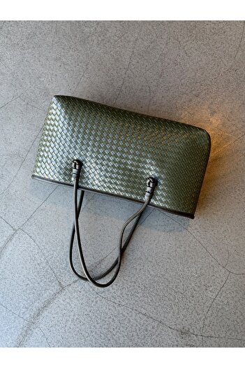 minebag Knitted Detailed Faux Leather Dora Women's Shoulder Bag Khaki