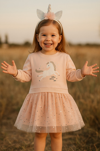 Eray Kids Φούτερ από τούλι με στάμπα με μοτίβο ονικόραινο με δώρο για κορίτσια, φόρεμα σομόν (Ηλικίες 3-4-5-6)