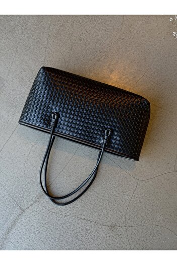 minebag Knitted Detailed Faux Leather Dora Women's Shoulder Bag Black