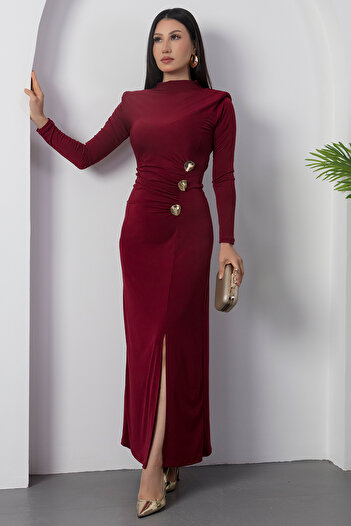 PULLIMM Stand Collar Button Detail Slit Dress 2025-4350