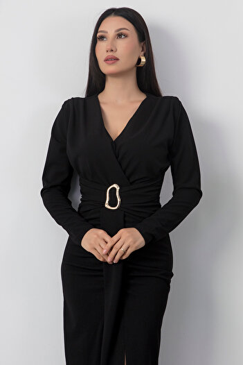 PULLIMM Double Breasted Collar Long Sleeve Waist Buckle Dress Grs3829