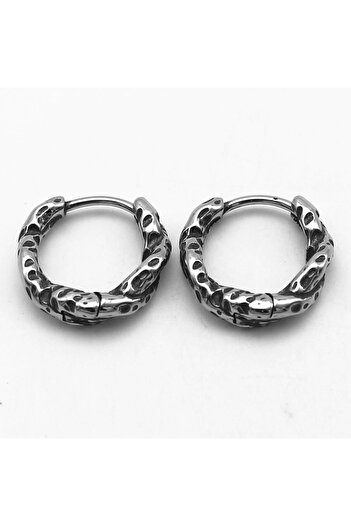 Viking Engraved Mesh Design Hoop Threaded 316L Stainless & Tarnish-Free Steel Earrings Pair