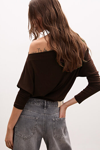 VODENS Coffee Asymmetrical 100% Cotton T-Shirt