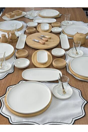 MD MİMOZA DEKOR Breakfast Set 64 Pieces for 6 Persons Bamboo & Porcelain / Service / Presentation / Tableware