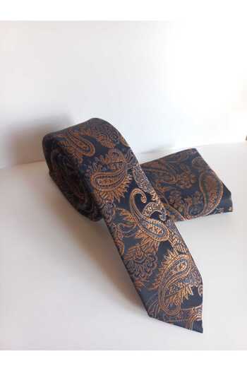 Kravatistan Navy Blue Shawl-Patterned Thin Tie and Handkerchief Set