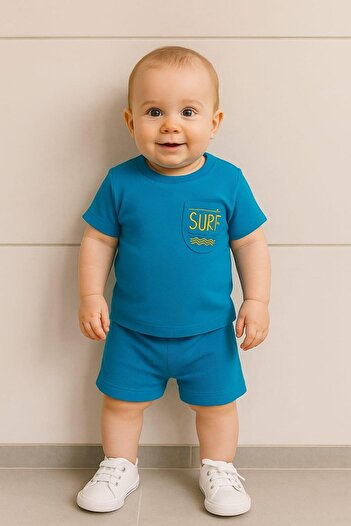RAPAPA Baby Boy Dar Kalip Ribana Fabric Pocket Surf Printed Shorts Set - Blue 25143
