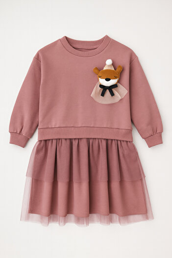 Eray Kids Kız Çocuk Çıkarılabilir Oyuncak Detaylı Tüllü Sweatshirt Mürdüm Elbise (3-4-5-6 Yaş)