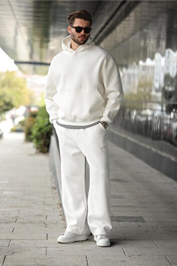 Madmext Ecru Hooded Kangaroo Pocket Men's Tracksuit Set E7338