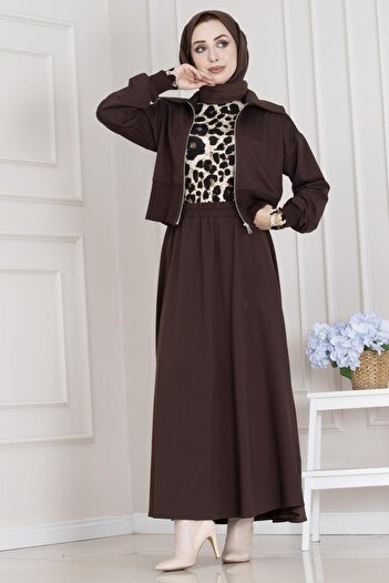 Sevitli Zippered Skirt Suit-Brown