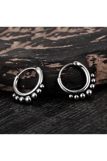 Viking Beaded Design Hoop Threadable 316L Stainless & Tarnish-Free Steel Earrings Pair