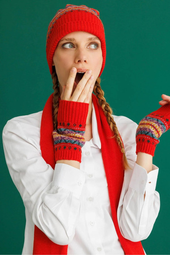 Desen Triko Women's Jacquard Wool Beret 25074 Coral