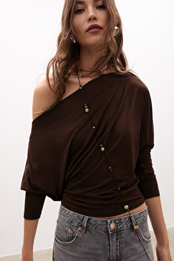 VODENS Coffee Asymmetrical 100% Cotton T-Shirt