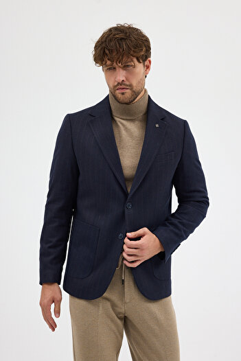 Frappoli Wesley Men's Dark Lacquer Italian Striped Cashmere Fabric Half-Lined Pocketed Mono-Collar Sports Blazer Jacket