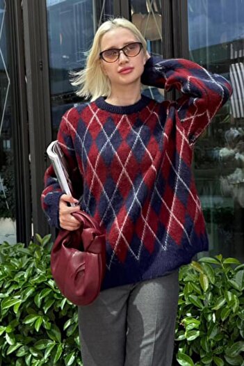 ELBA STİL Navy Blue Crew Neck Embroidered Diamond Pattern Sweater