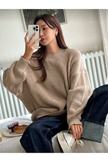 Buteks Beige Women's Basic Loose Comfortable Fit Oversize Knitwear Thick Textured Basic Sweater