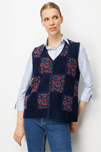 Desen Triko Women's Patchwork Floral Felt Wool Vest 24084 A.Laci-G.Kurusu