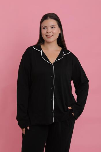 Akbeniz Women's Plus Size Black Buttoned Pajama Set