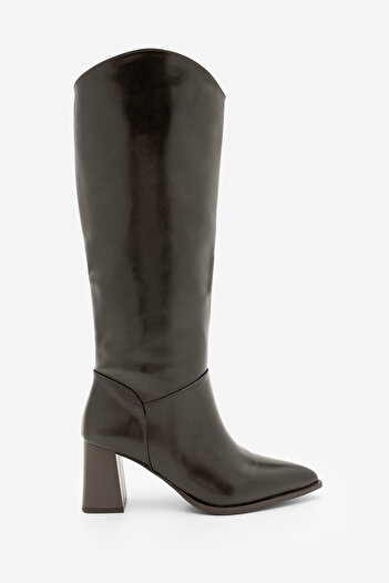 Marjin Women's Pointed Toe Thick Heeled Non-Zipper Heeled Boots Tines Brown