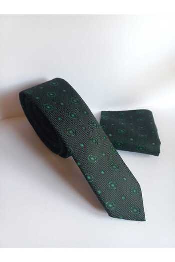 Kravatistan Black Patterned Thin Tie and Handkerchief Set