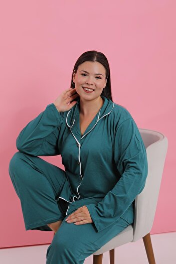 Akbeniz Women's Plus Size Petrol Color Buttoned Pajama Set