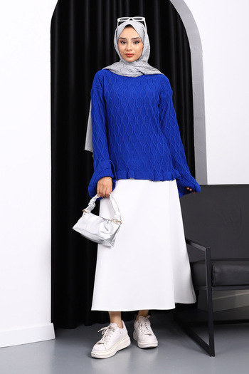 İmajButik Saks Blue Waist and Cuff Ruffled Knit Sweater