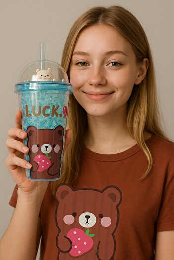 Deco Elit Crazy Bear Water Bottle with Straw, Ice Glass Look, Led Light, 450 Ml, Double Layer Mica 2093 Blue