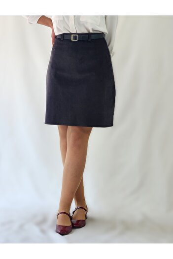 YAXİ High Waist Lightweight Lycra Knee-Length Smoked Velvet Twill Fabric A-Line Skirt