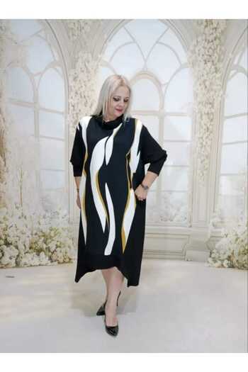 KLEERMAKER Women's Plus Size Crystal Fabric Shawl Collar Asymmetric Cutout Pattern Dress Tunic