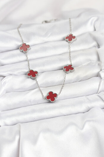 Mustran 316L Steel Chain Silver Color Burgundy Color Clover Women Necklace