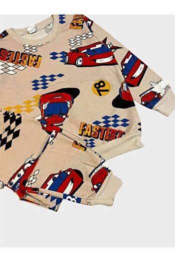 ALİŞ KİDS Boys' Cotton Ribbed Brown Race Car Patterned Long Sleeve Winter Pajama Set