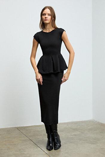 GRIMELANGE Talindra Women's Midi Length Pencil Skirt with Front Pleats and Deep Slit Detail on the Back in Black