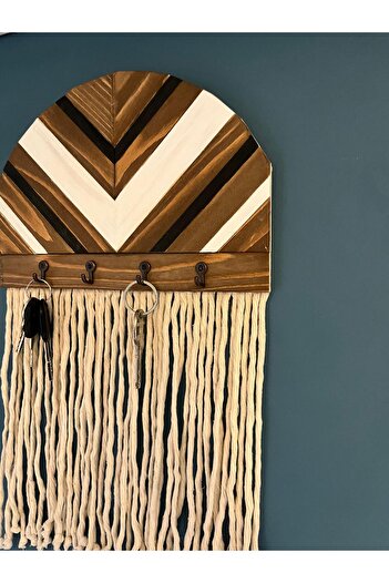 woodalbuba Wooden Key Holder Hallway Decorative Macrame Key Hanger Wall Decor