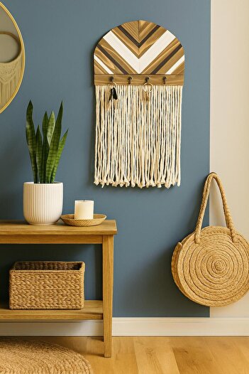 woodalbuba Wooden Key Holder Hallway Decorative Macrame Key Hanger Wall Decor