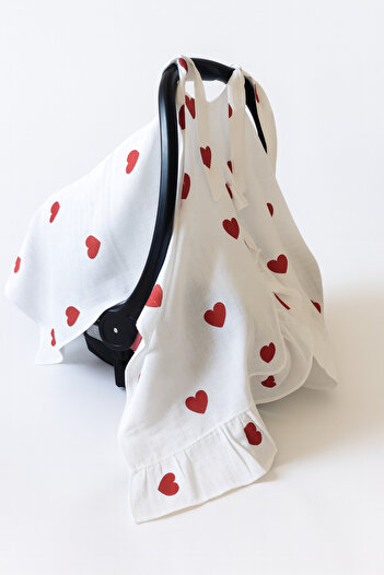 nelcollection Muslin Stroller Cover and Baby Carrier Cushion, Set of 2, with Bib Gift, 100% Cotton Fabric, Heart Pattern