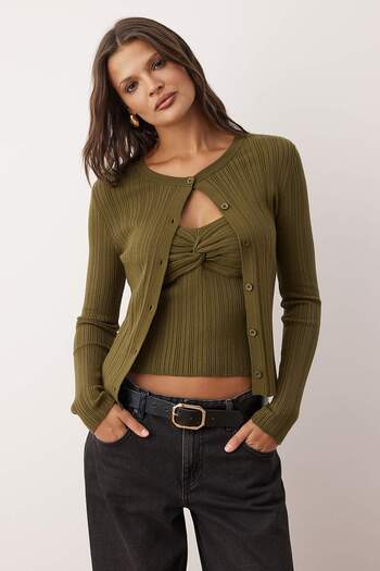 Trendyol Collection Khaki 2-Piece Ribbed Premium/Special Yarn Soft Textured Knitwear Cardigan-Blouse Set Twoaw26Hi00003