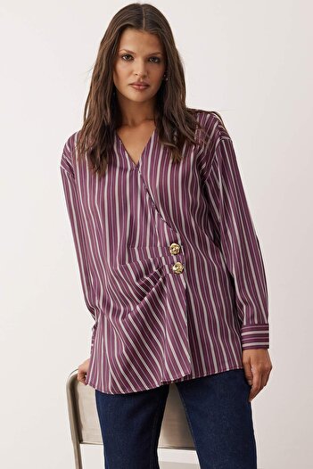 Trendyol Modest Multicolor Regular Terrycotton Striped Woven Hijab Shirt Tctaw26Tg00005