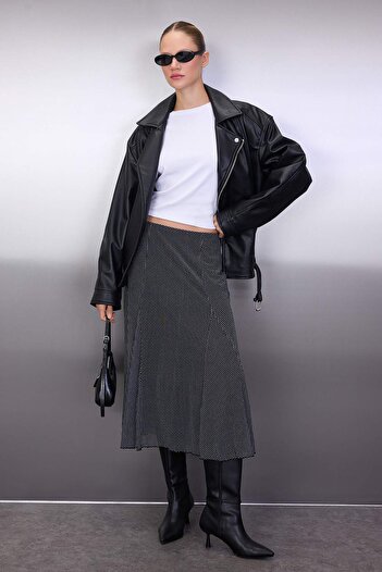 Trendyol Collection Black Polka Dot Godeli Midi Knitted Tulle Skirt Twoaw26Et00068