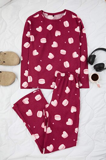 Trendyol Collection Burgundy 100% Cotton Heart and Macaron Patterned Knitted Pajama Set Thmaw26Pt00160