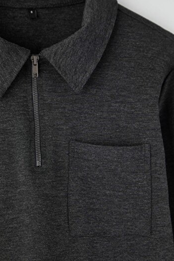 Trendyol Collection Anthracite Melange Regular/Normal Cut Polo Neck Zippered Thick Sweatshirt Tmnaw26Sw00007