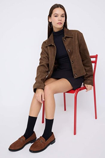 TRENDYOL SHOES Teen Кафяв ток с детайли от велур Дамски мокасини TAKAW26LA00002