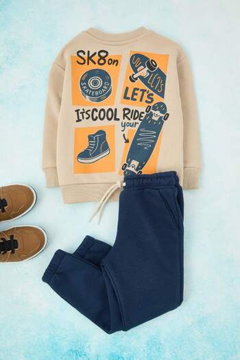 TRENDYOLKIDS Beige Back Printed Boys' Knitted Bottom - Top Set Tkdaw26Au00058