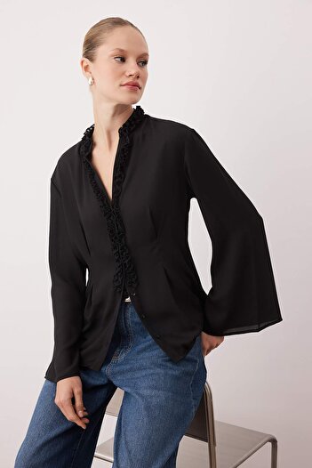 Trendyol Collection Black Judge Collar Ruffle Detailed Boho Shirt Twoaw26Go00023