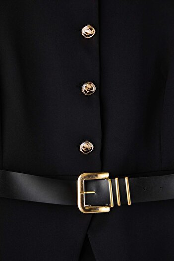 Trendyol Curve Black Gold Button Belt Woven Plus Size Jacket Tbbaw26Ag00030