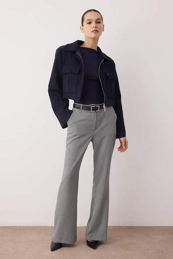 Trendyol Collection Navy Blue Belted Flare Plaid Patterned Bootcut Pants Twoaw26Pl00045