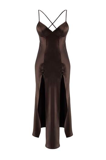 Trendyol Collection Brown Single 100% Polyester Plain Slit Satin Woven Nightgown Thmaw26Gc00000