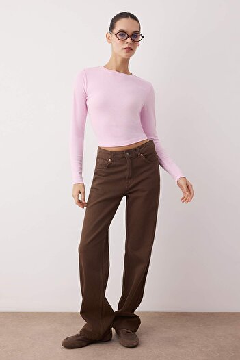 Trendyol Collection Light Pink Premium Viscose Crew Neck Crop Stretchy Knitted Blouse Twoaw24Bz00116