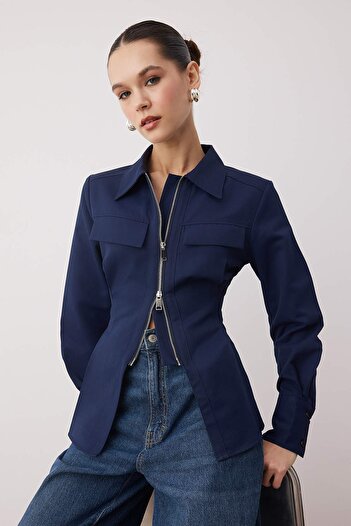Trendyol Collection Cămașă cu fermoar albastru bleumarin TWOAW26GO00044