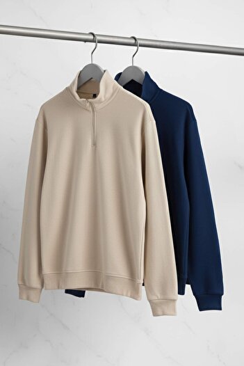 Trendyol Collection Синьо-бежевий 2-пакетний комплект з високим коміром, прямий крій, з підкладкою з флісу/теплий світшот TMNAW25SW00205