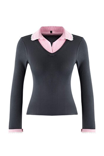 Trendyol Collection Anthracite Plaid Checkered Fitted/Bodycon Knitted Blouse with Woven Detail Twoaw26Bz00008